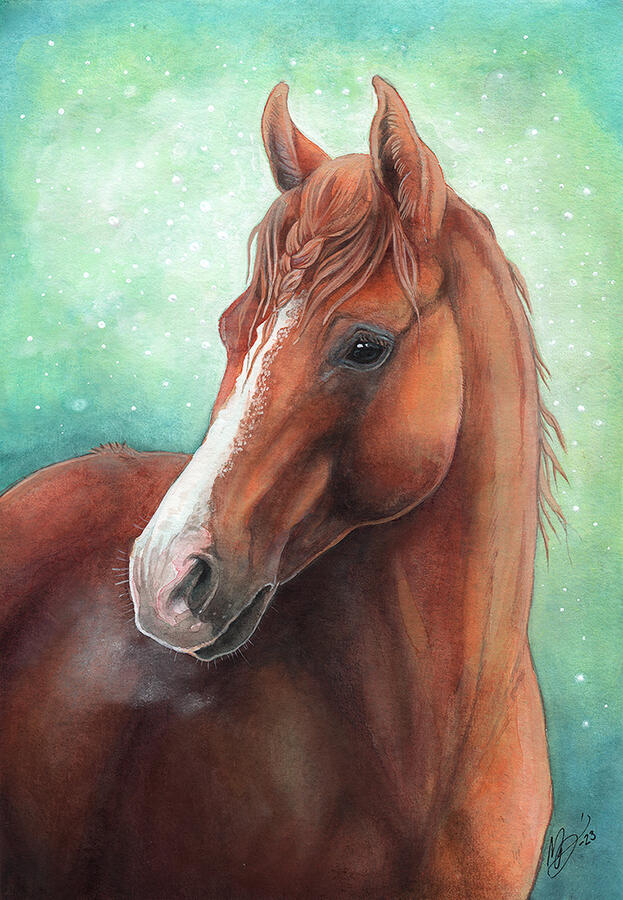 Traditionally painted artwork depicting a portrait of a horse.
