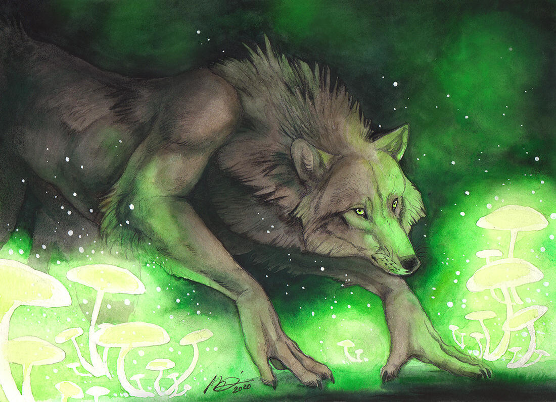 Traditionally painted artwork depicting a werewolf being surrounded by magical glowing mushrooms.