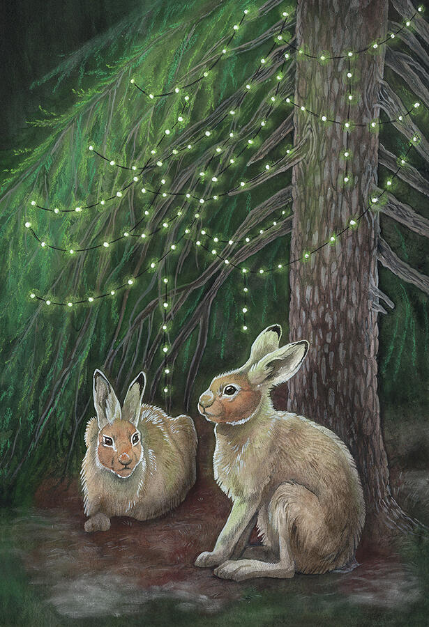 Traditionally painted artwork depicting two hares sitting under a spruce tree with fairy lights.