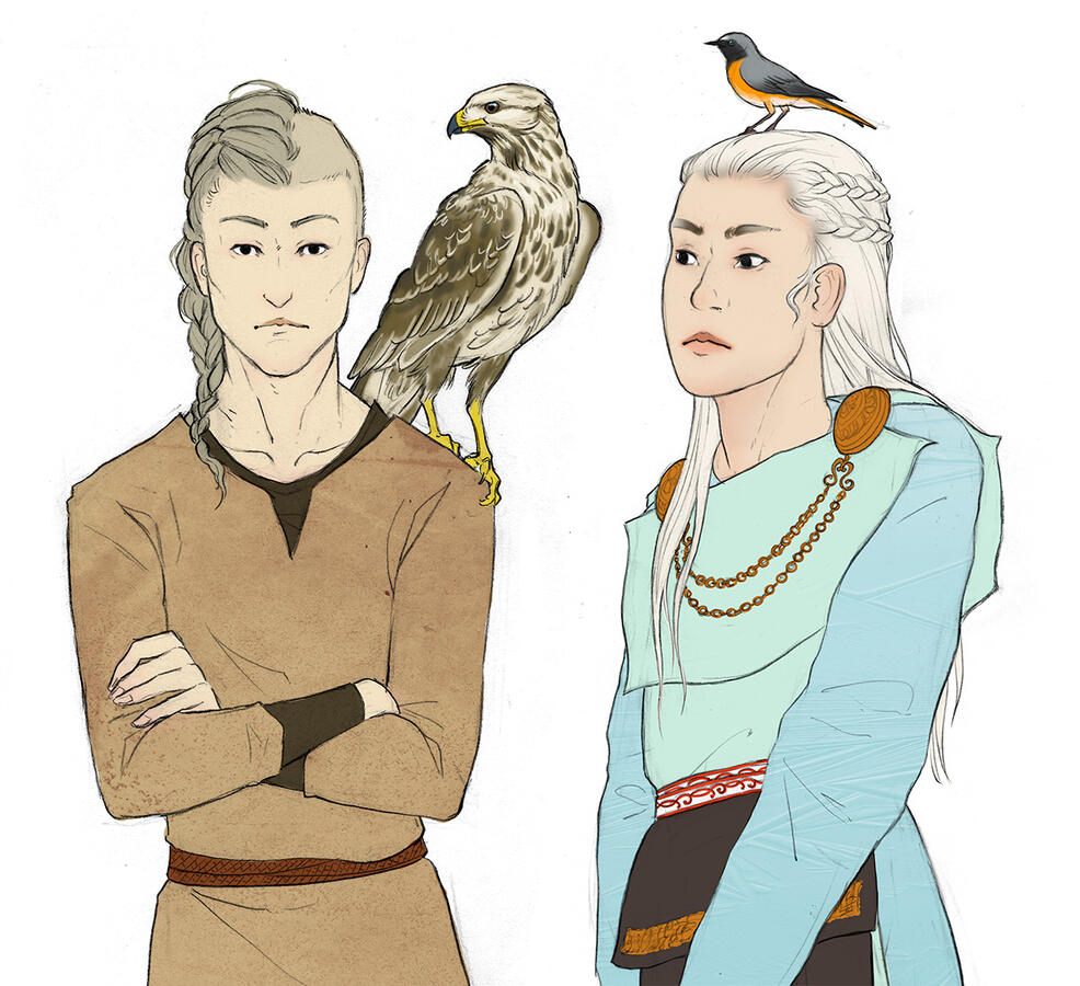 Mixed media artwork with traditional lineart and digital colors, depicting two human character designs.