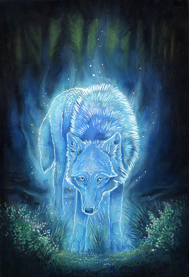 Traditionally painted artwork depicting a blue spirit of a wolf standing in a dark forest.