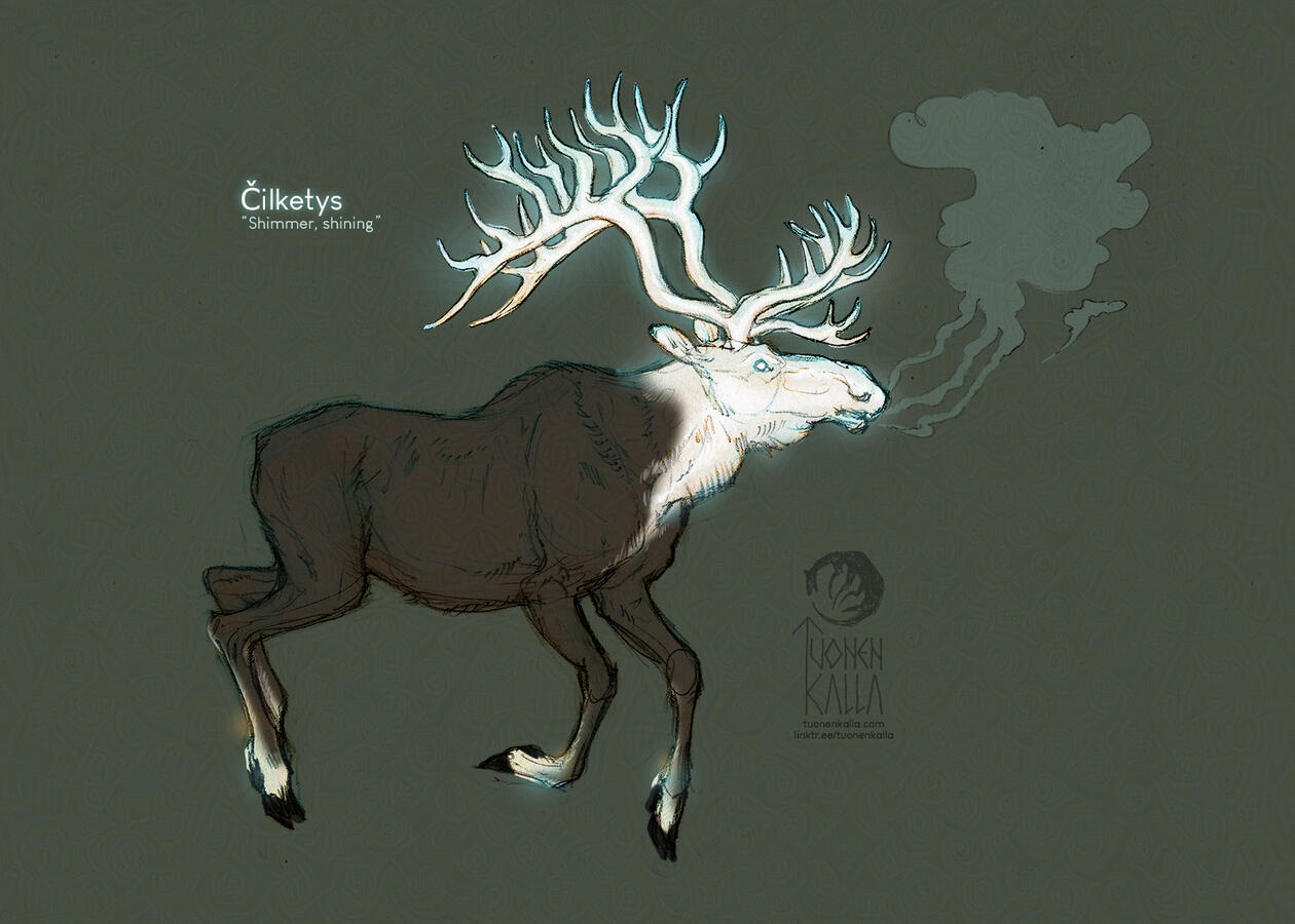 Mixed media artwork with traditional linear and digital colors depicting a moose character design.