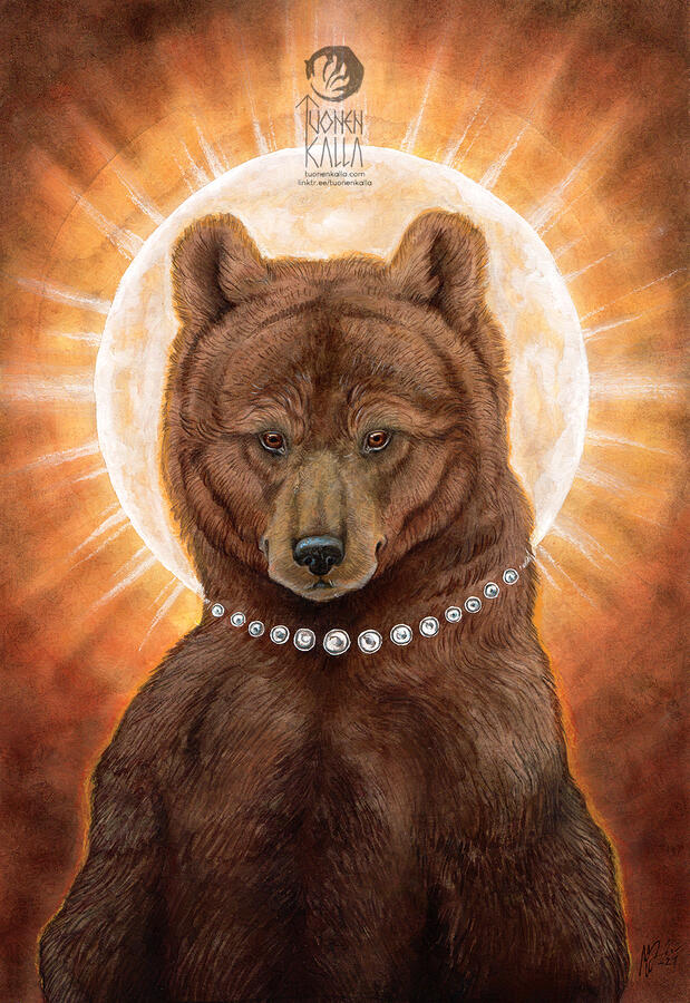 Traditionally painted artwork depicting a portrait of a bear with a sun behind them. A pearl necklace is in the bear's neck.