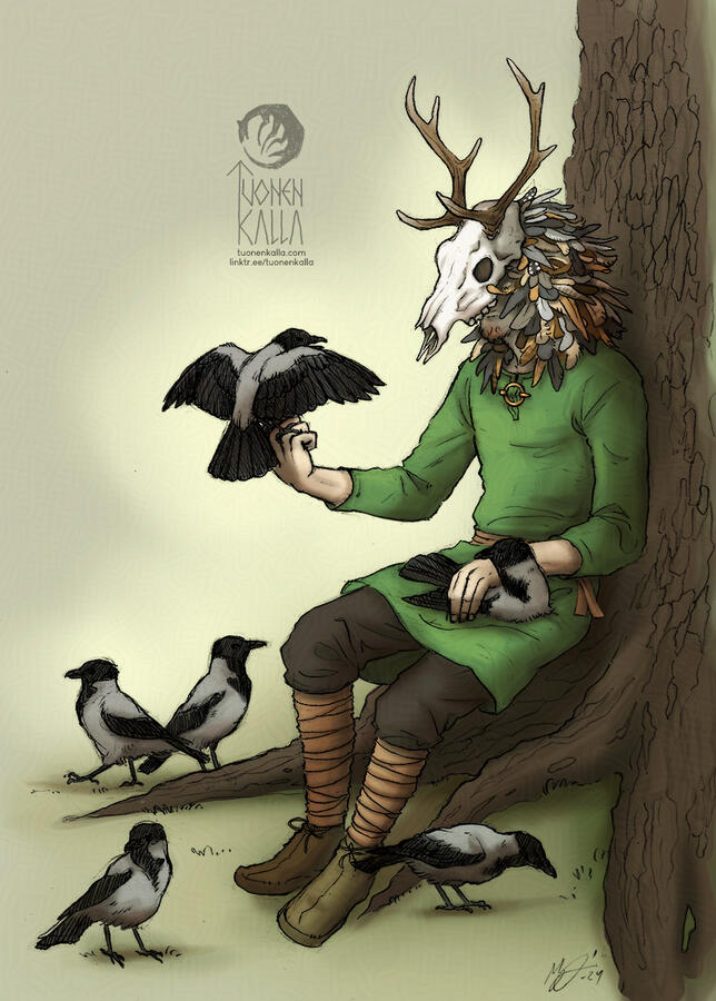 Mixed media artwork with traditional linear and digital colors depicting a comic character with crows.