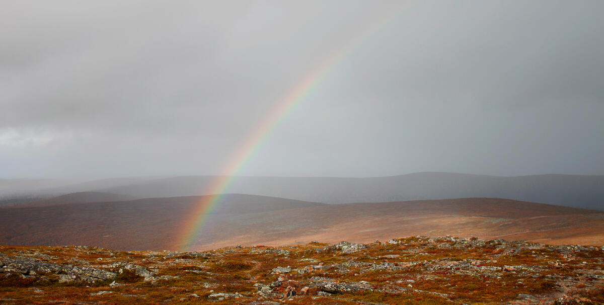 Photograph of a rainbow landing between rocky fells.